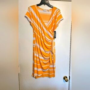 Orange and White Sheath Midi Dress with V-Neck